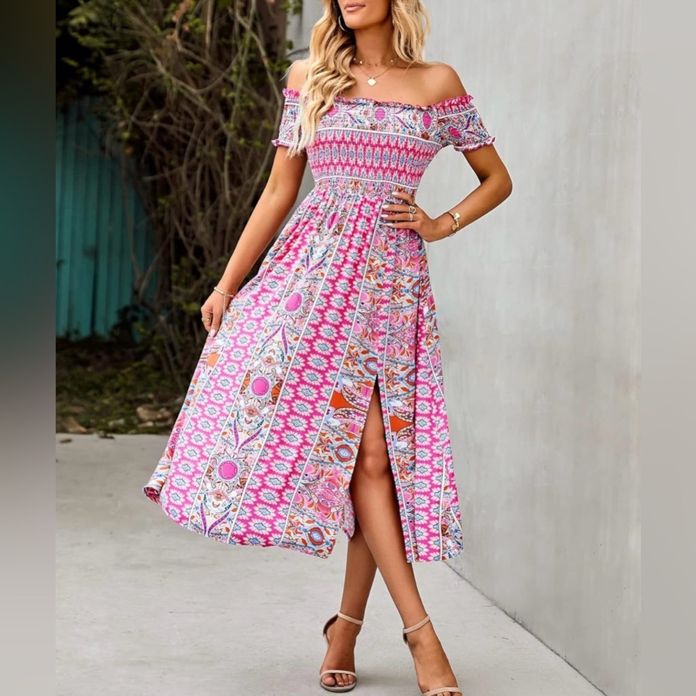 pink off the shoulder smocked maxi beach vacation dress